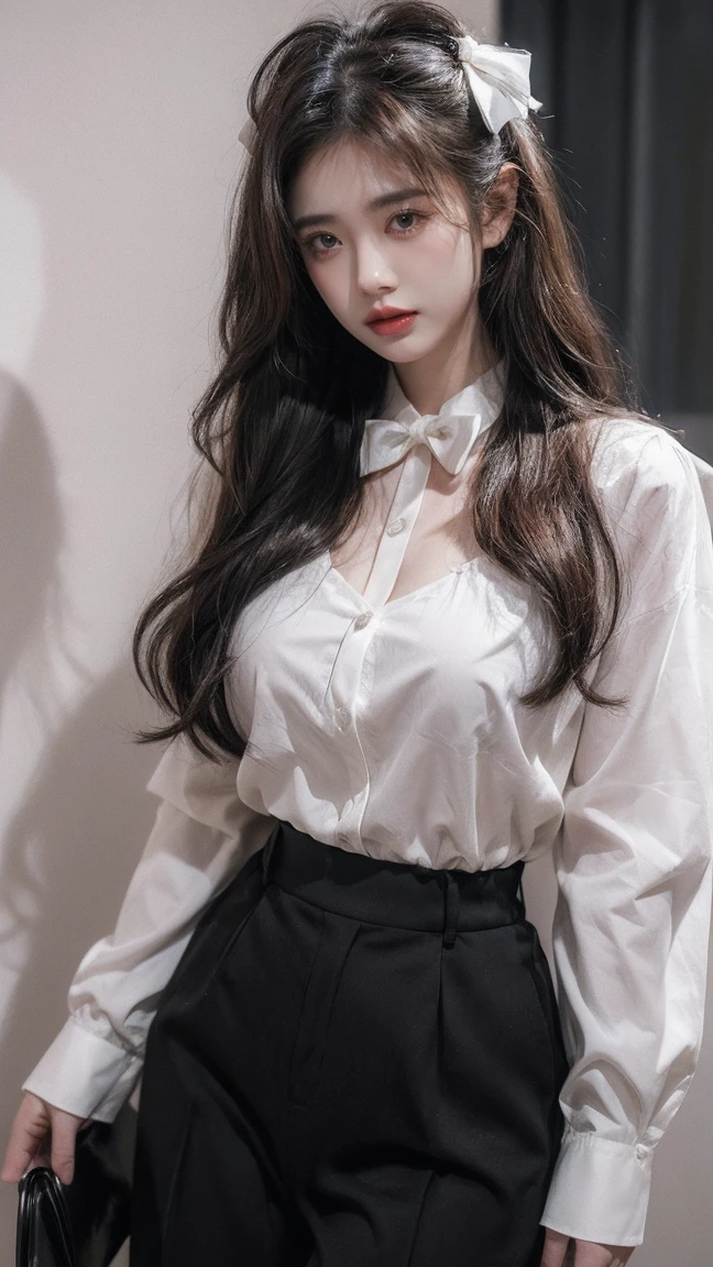 21yo girl,long hair is styled in loose waves,(upset),(sad),(formal girl),(minimalist), wearing a white blouse with a large bow tie at the collar and thin black stripes, natural big breast, show big thigh, plump body,single sidelock hairpin blush modern cinematic lighting,ray tracing,drop shadow wide shot UHD,textured skin,high details,(below 1.2),best quality 4K