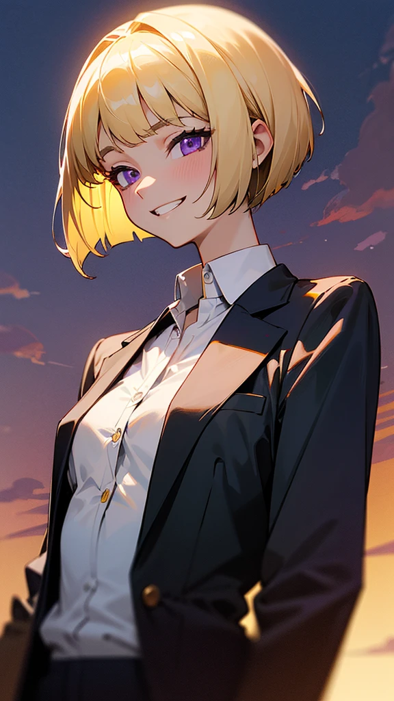 1 Girl、anime painting、Upper body close-up、From the side、Natural Proportions、thin、Small breasts、Grin、White skin、(blonde)、Bobcut、Beautiful purple eyes、White shirt、Black work trousers、Black Fitted Blazer、Slender body、Upper body close-up、Golden Hour Sky