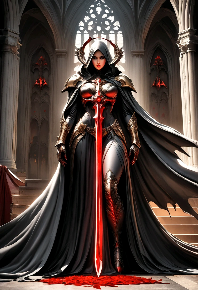 Holy church background，The messenger of hell descended the stairs，Arad woman in black dress，A gray cloak covers the face，Bronzed spiked armor，Magnificent、Mystery，With a feeling，Holding a crimson sickle on the stairs，Dark fantasy art, Abaddon and Magalieu Villeneuve, The blade reflects a strong red light，Backlight，Rim Light，3D Rendering，Unreal Engine，Octane Rendering，8K resolution，masterpiece。Ultra-high detail，The award-winning