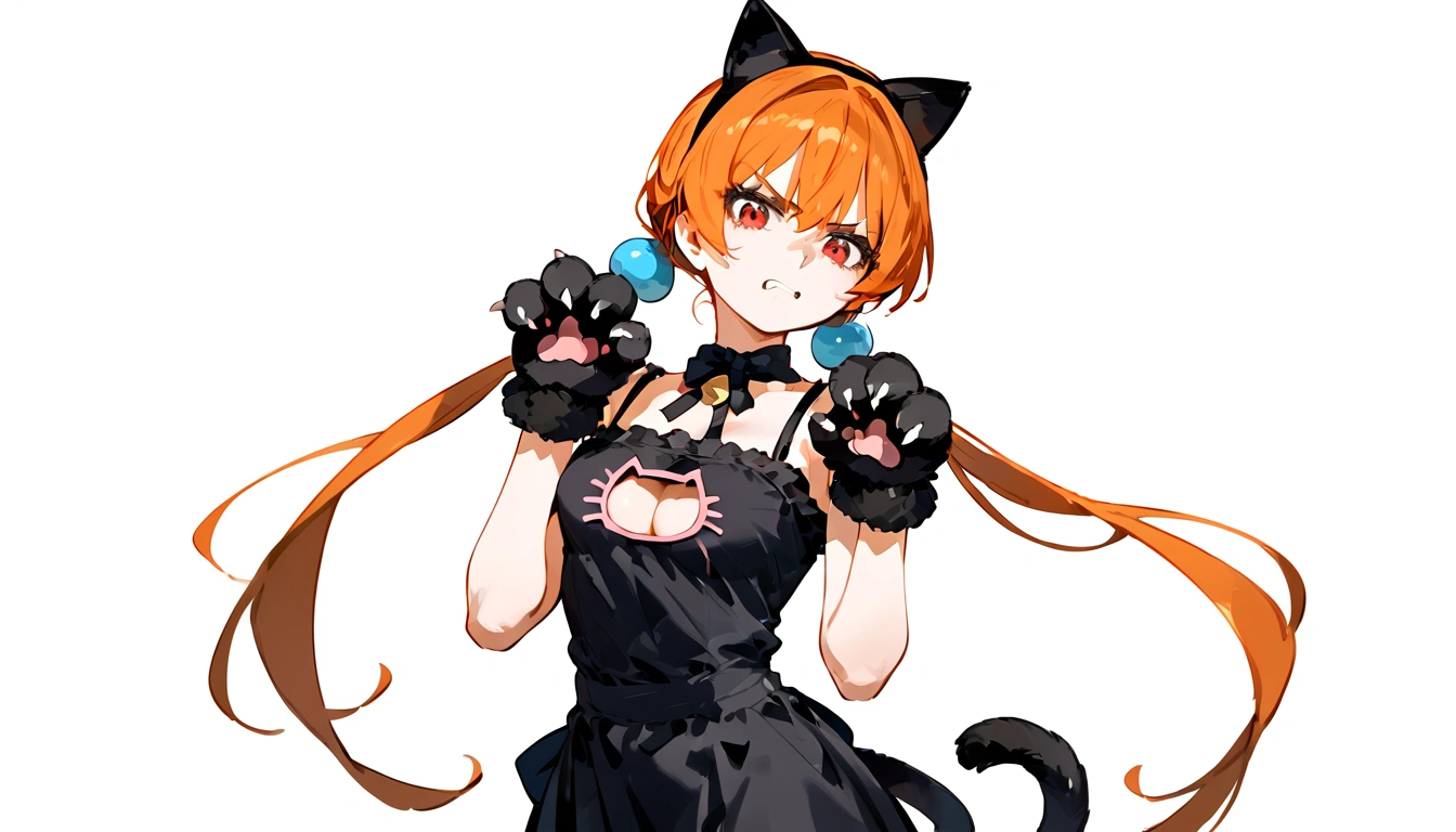 anime artwork, score_9, score_8_up, score_7_up, score_6_up, score_5_up, score_4_up,alisasr, 1girl, orange hair, red eyes, fake black cat ears, hairband, long hair, very long hair, twintails, hair ornament, hair bobbles, low twintails,, \\\\\\ \\\\\ , cat lingerie, paws gloves, cat tail, the pose, , claws, angry
