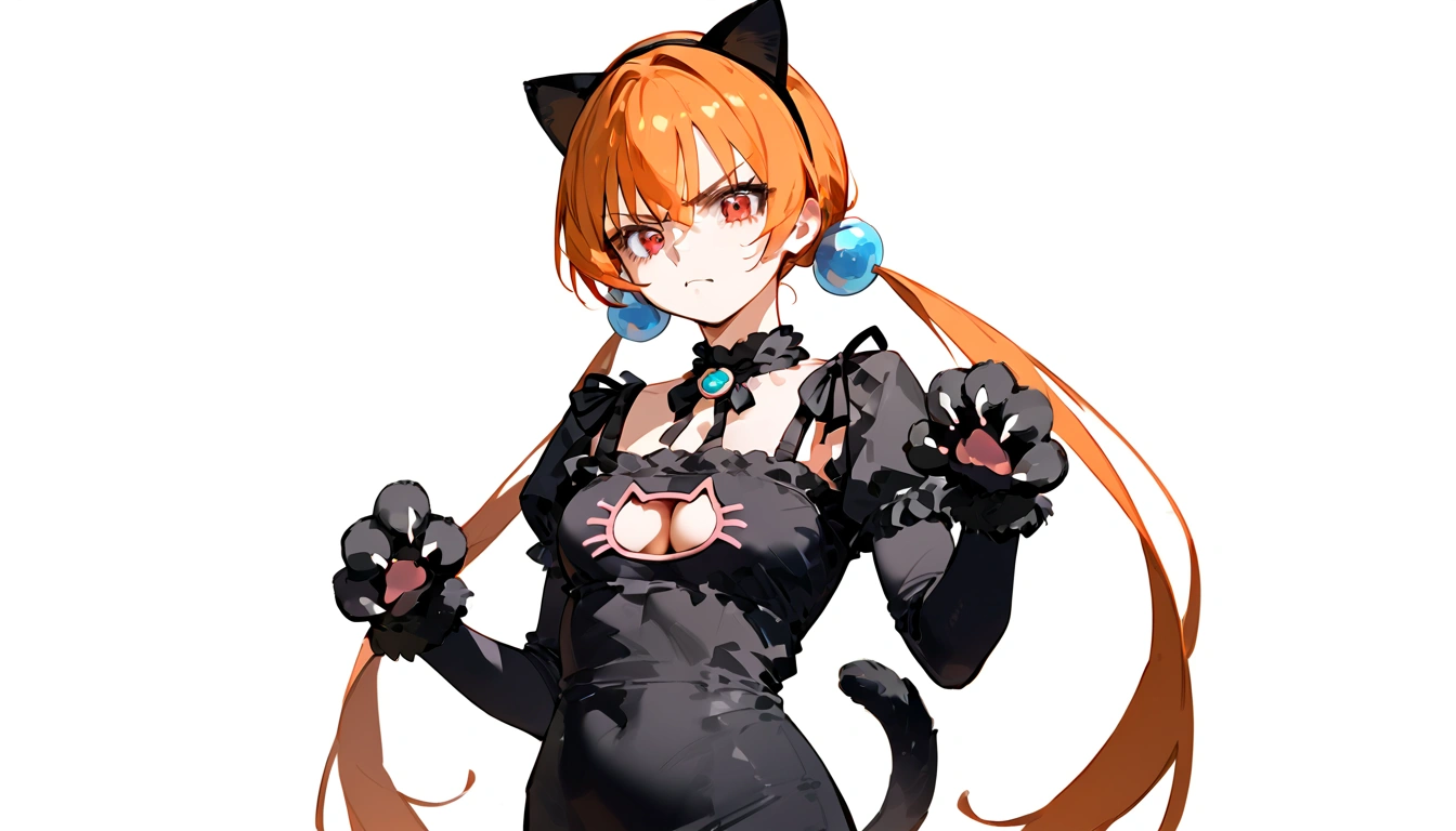 anime artwork, score_9, score_8_up, score_7_up, score_6_up, score_5_up, score_4_up,alisasr, 1girl, orange hair, red eyes, fake black cat ears, hairband, long hair, very long hair, twintails, hair ornament, hair bobbles, low twintails,, \\\\\\ \\\\\ , cat lingerie, paws gloves, cat tail, the pose, , claws, angry
