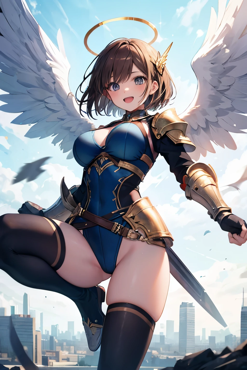 fantasy, 1angel_girl,young_, ,brown_hair, medium_bob_hair, long_bangs, halo,bare_shoulder,thighhighs,silver_armor, waist_armor, large_breasts,grinning,open_mouth,teeth, 1pair_wings, dynamic_pose_fighting,floating, bare_crotch, headgear,gauntlet, greaves,city_background,slightly_spread_legs, solo, groin_naked,