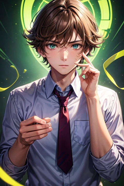 21 year old boy with light brown hair and bright green eyes with purple background, wearing school clothes and with Consciousness Transfer powers