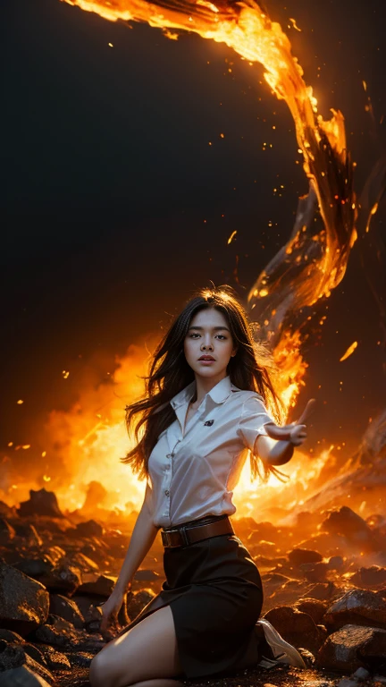 (fire element:1.1), medium long shot, It consists of fire element,fire,transparency,burning,(molten rock),Frame print,burning hair,smoke,cloud,chopped, girl engulfed in flames, Flames fly and sparks scatter,mano burning,translucent luminescence, 18s woman in thai university uniform, long straight fire hair, white shirt, black tight mini skirt, brown belt, white sneakers, masterpiece:1.2, high detail, realistic, cinematic scene, fire goddess, perfect figure, 16k, close up, portrait photo, dynamic powerful pose