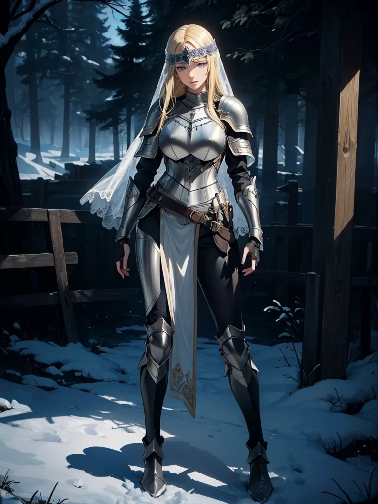 ((1girl, solo)), beautiful body, (perfect anatomy, perfect body, perfect hands, perfect legs), (five fingers:1.5), natural proportions, sexy body, large breasts, cowboy shot BREAK 

((extremely detailed face)), (beautiful detailed eyes:1.6), (realistic pupils, realistic iris:1), expressive eyes, looking at viewer, (clear eyes:1.3), (hyperrealistic:1.2), (detailed skin texture:1.2), smooth skin, (blonde hair:1.5), blue eyes, long hair, (detailed lips:1.2), (attractive lips:1.1), (glossy lips:1.1), (grin), perfect face, perfect eyes BREAK

female knight, (veil:1.5), long sleeves, (armor:1.5), (breastplate:1.5), (shoulder armor:1.2), (arm guard:1.3), armor gloves, (black pants:1.5), skin tight, (((pelvic curtain))), (greaves:1.3), armored boots, belt BREAK

(outdoors:1.5), (day:1.3), (winter:1.3), trees, (shade of trees:1.2), (snow), mountain range, medieval BREAK


(masterpiece:1.5), anime-style, top quality, best quality, (beautiful and aesthetic:1.2), (ultra detail:1.5), Ultra-detailed depiction, Ultra-precise depiction, extremely detailed 8k illustration, high resolution, (highly detailed shading:1.2), (realistic lighting:1.4), perfect lighting, vibrant colors, dynamic tones, striking hues, 8k, absurd resolution, perfect shadows, hdr, UHD, ambient lighting, realistic, ultra-realistic, photo realistic, highly detailed, rich detail, luminous colors, fine texture, intricate design, professional illustration, (soft light:1.2), (illustration:0.7)