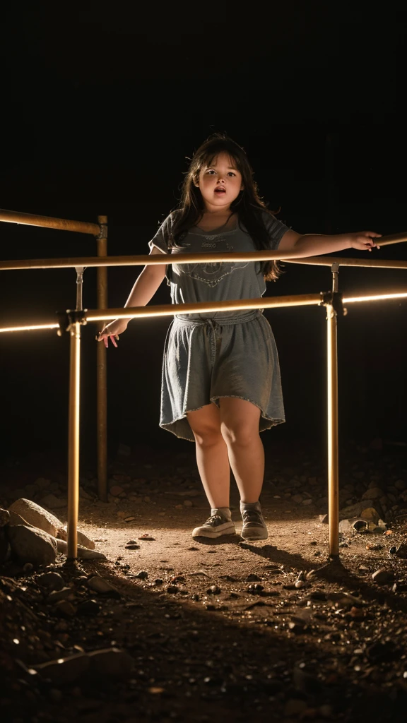 A very fat, obese in an underground prison, looking excited, detailed facial features, (best quality,4k,8k,highres,masterpiece:1.2),ultra-detailed,(realistic,photorealistic,photo-realistic:1.37),HDR,UHD,studio lighting,ultra-fine painting,sharp focus,physically-based rendering,extreme detail description,professional,vivid colors,bokeh,dark and moody atmosphere,cinematic lighting,dramatic shadows,claustrophobic environment,rusty metal bars,stone walls,dirt floor,glowing lights,excited expression,chubby cheeks,double chin,plump body,thick arms and legs