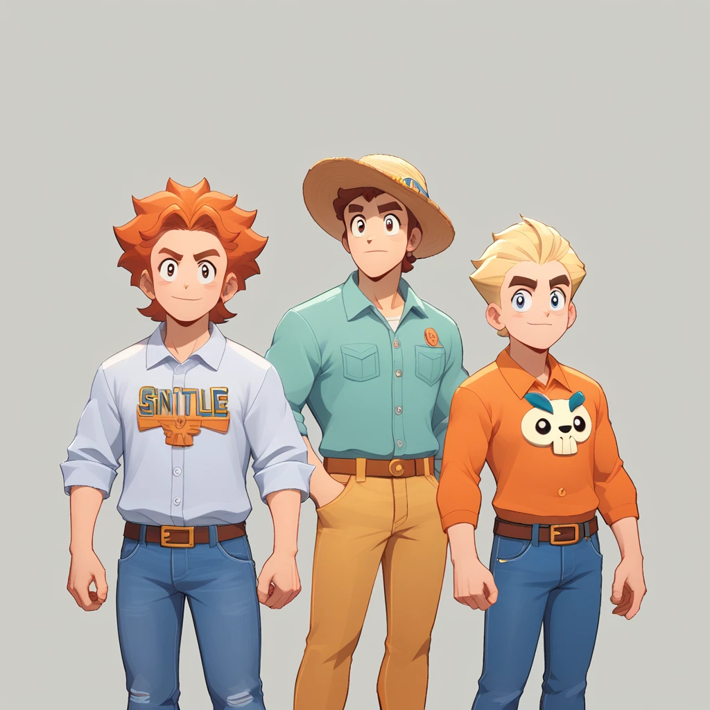 vue complète du corps d'un hibou brun obése anthropomorphe, yeux globuleux, bec jaune ovale, vêtue d'un polo bleu, un jeans mauve avec une reillure orange sur le côté, sinture en or, ayant un pistolet en main, bagarre, bagarre étoiles