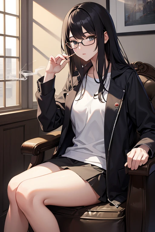 Highest quality、masterpiece、High sensitivity、High resolution、Detailed Description、Slender women、Glasses、Casual clothes、Smoke a cigarette、