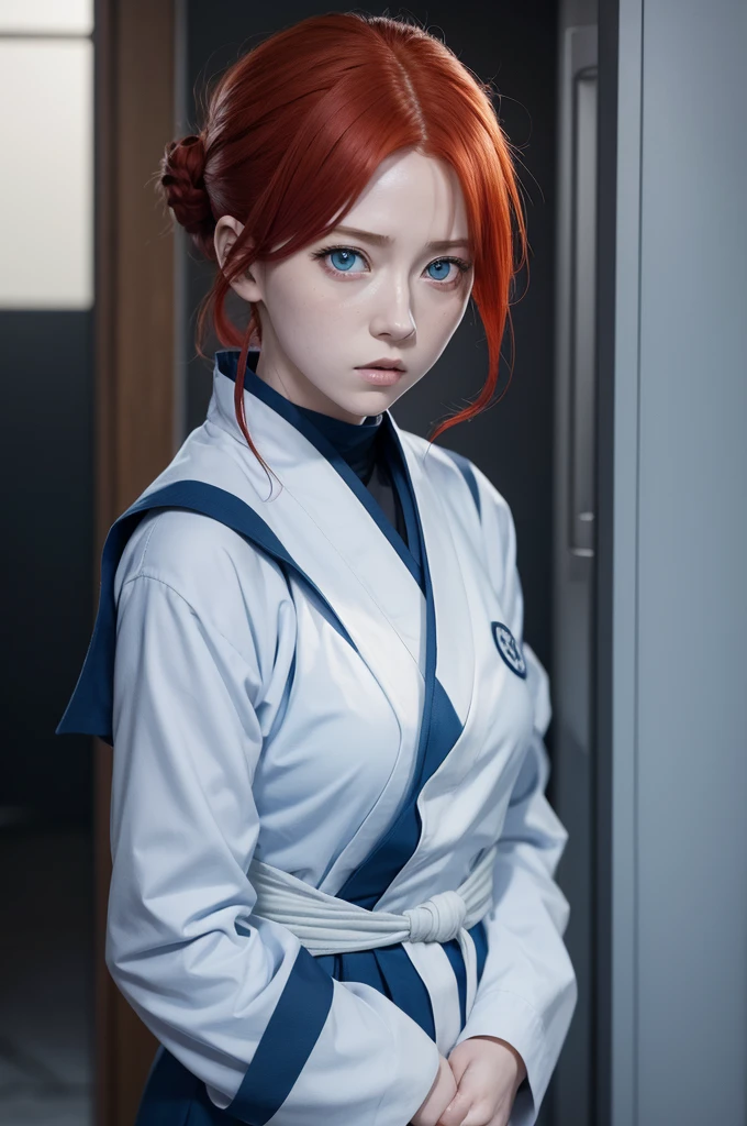 jujutsu no Kaisen scene of a female whith red hair anda blue eyes. she is wearing jujutsu no Kaisen dar Blue uniform.
