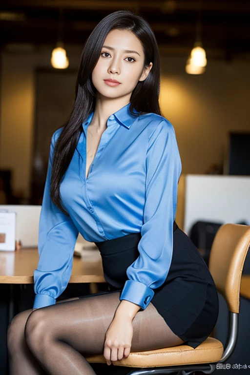 (Random color collared shirt:1.1)、(Random color long skirt:1.3)、(Highest quality、Ultra-high resolution、masterpiece、8K、Realistic raw photo)、(Delicate face、Detailed eyes and face、Watery eyes、double eyelid、Glossy lips), ((1 girl)) 、Very beautiful woman、Slender、Slim Big、Enchanting and luxurious、(silk pantyhose)、(High heels)、Cleavage、High-definition skin texture、Kind expression、In the office、Sitting in a chair、Full Body Portrait、Professional Lighting
