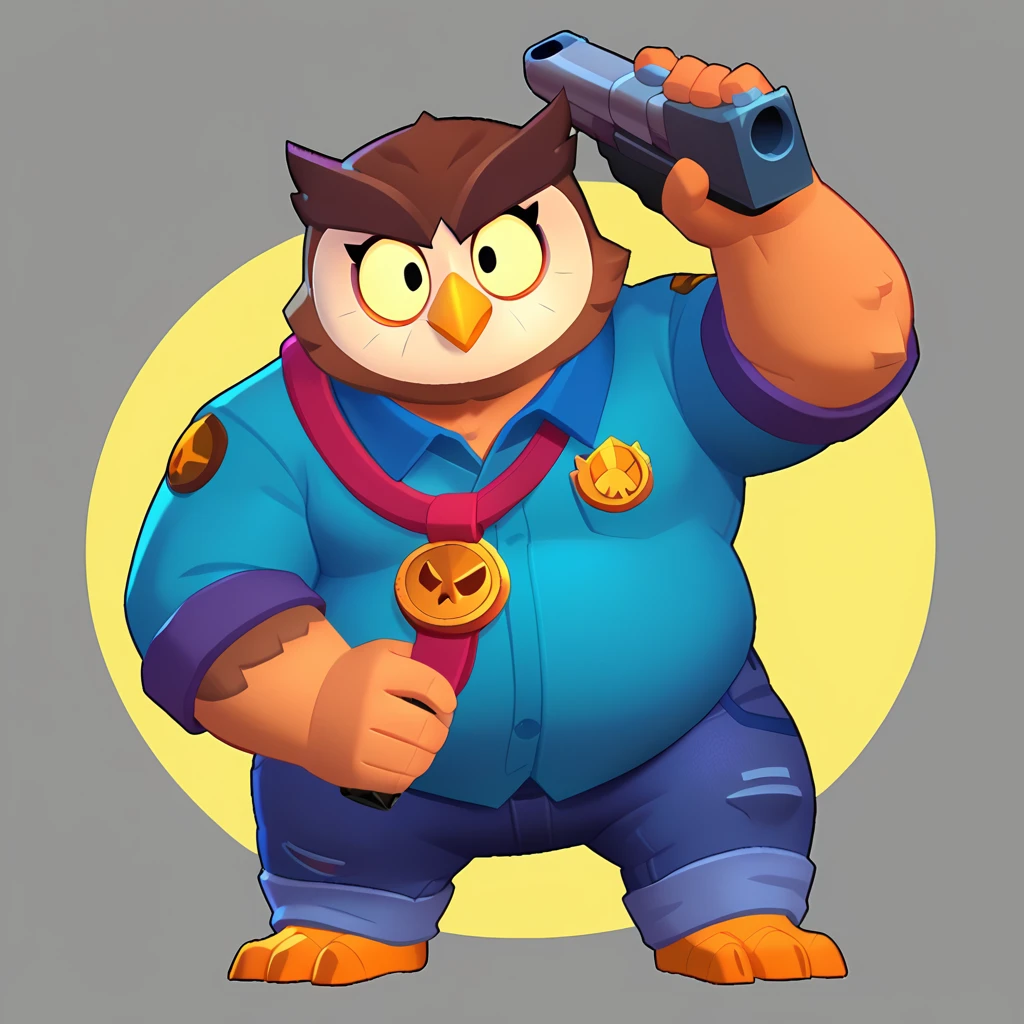 full body view of an obese anthropomorphic brown owl, bulging eyes, oval yellow beak, wearing a blue polo shirt, owl logo on her polo shirt, purple jeans with an orange rim on the side, gold binding, having a gun in hand, brawl, brawl stars