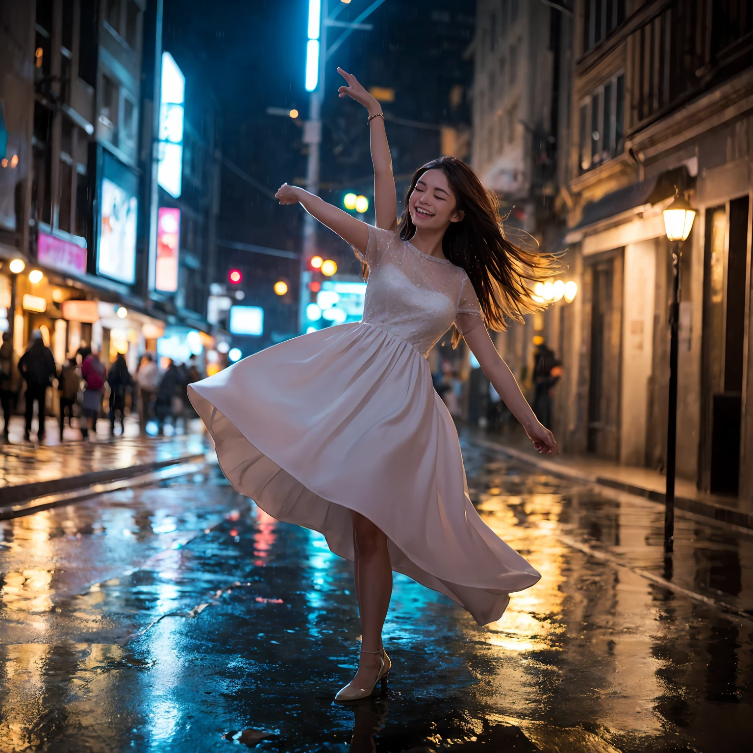 hyperrealistic, detailed, cinematic, 8k resolution illustration of a young, beautiful woman with flowing hair dancing in a rainy city street. She is wearing an elegant dress, smiling with her eyes closed, and her arms are outstretched,  She is carefree, and the neon lights reflect in puddles on the wet pavement, blurred, dramatic, with warm light from street lamps illuminating the raindrops,
