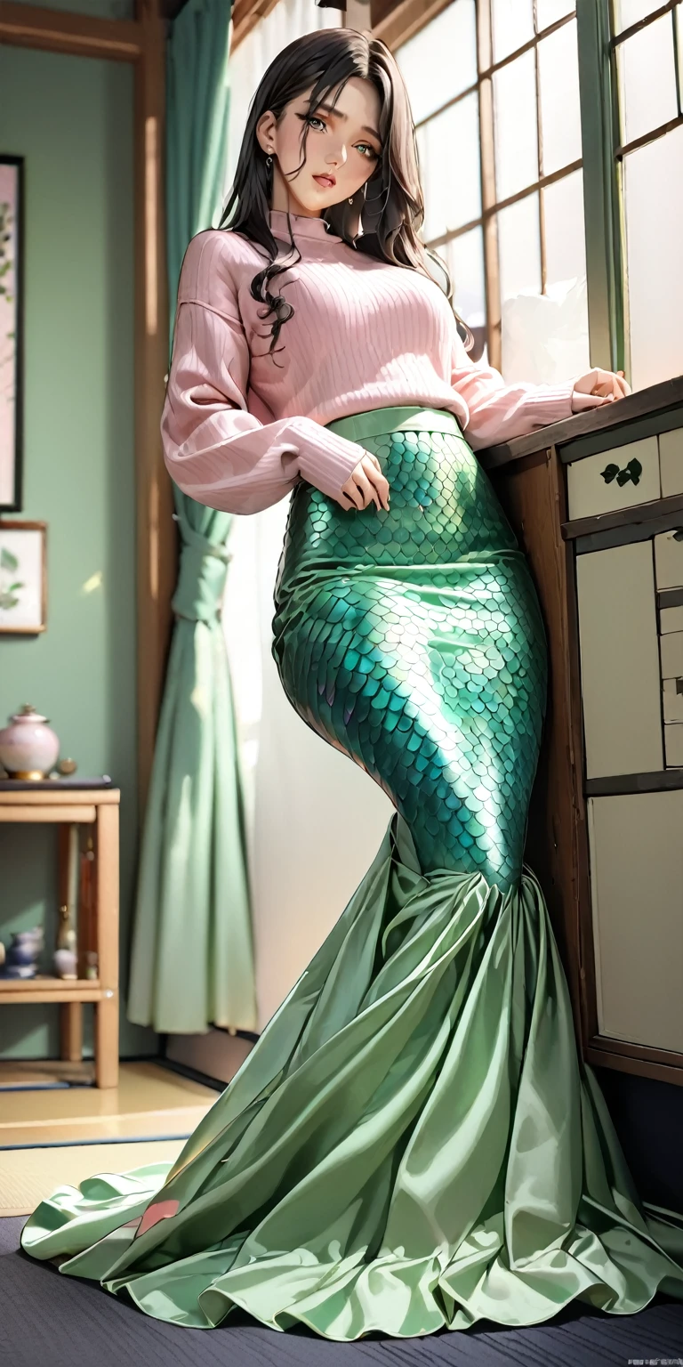 Portraiture、(masterpiece,Highest quality,Ultra-high resolution),Japanese women, (((Very beautiful 25 year old girl))),Long sleeve sweater、((Light green pink satin mermaid long skirt))、The skirt is ankle-length、