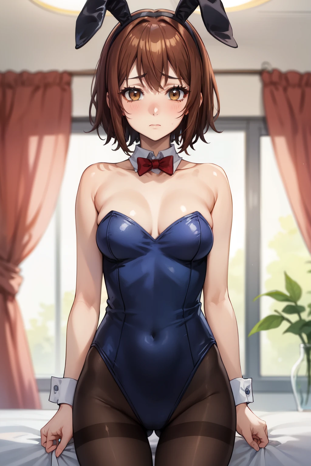 Highest quality, (masterpiece:1.2), Very detailed,
One girl, alone,
View your viewers, Embarrassed expression, Medium chest,
Brown eyes, Brown Hair, short hair, Bunny girl、leotard、hose、Bedroom