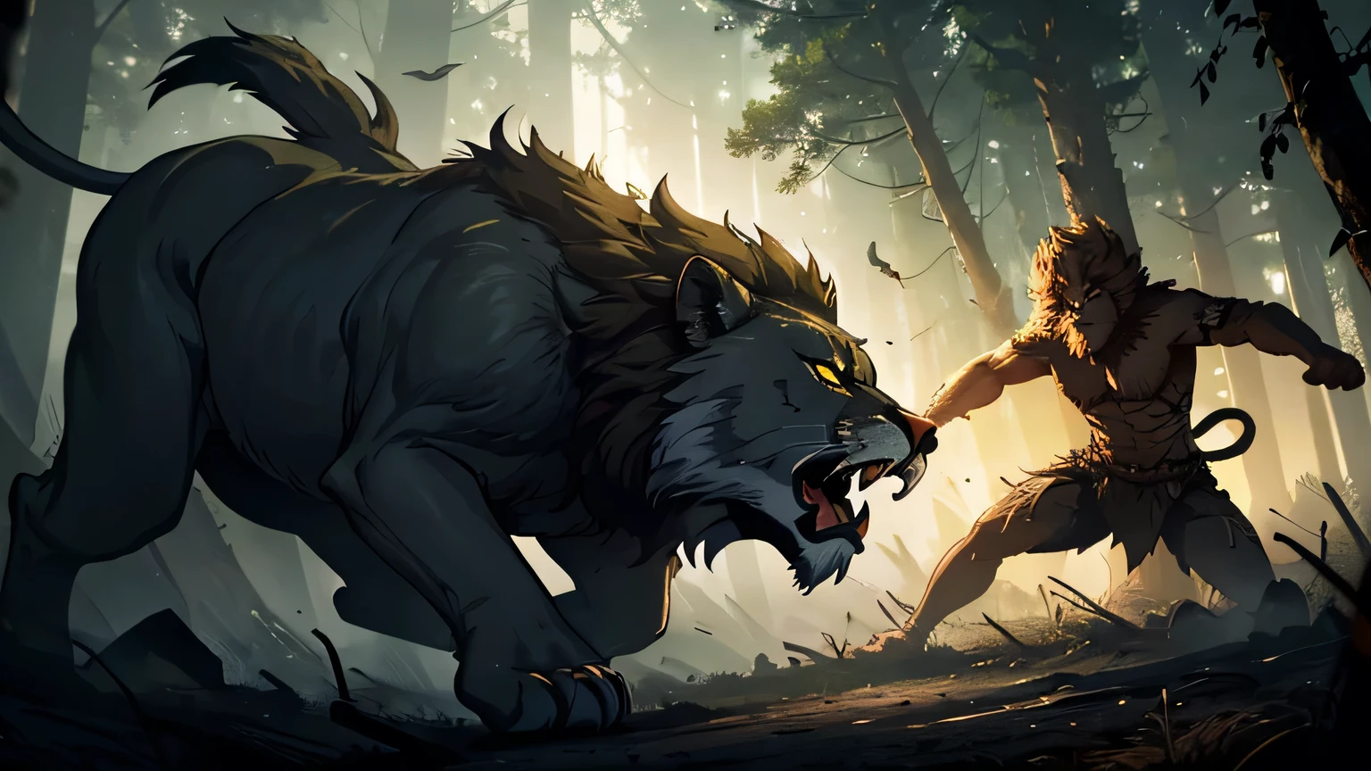 epic battle scene LION IN THE DARK glowing yellow eyes, attacking with one of its clawed paws in the air with violence, hyper-realistic forest, gloomy and mysterious, cinematic lighting, intricate details, 8k, high quality, photorealistic, dramatic, powerful, epic battle scene