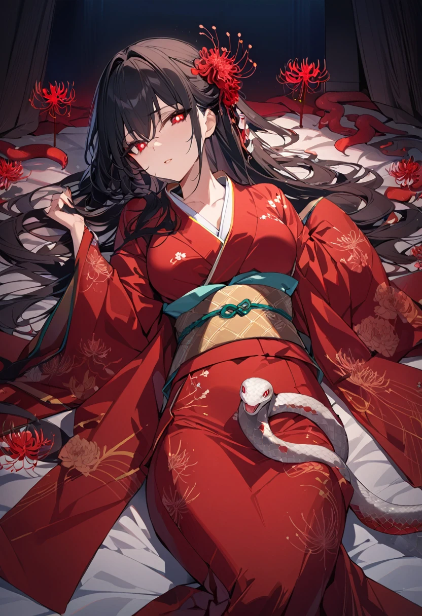 One woman, masterpiece, best quality, beautiful woman, black hair, long hair, hair accessory, red pupils, kimono, snake, red spider lily, night, lying on one's back, anime