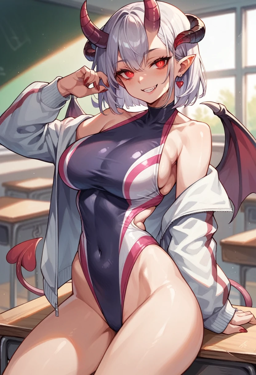 Swim suit outfit, with black demon horns, seductive pose, seductive smile , red eyes, in classroom, mind control by succubus