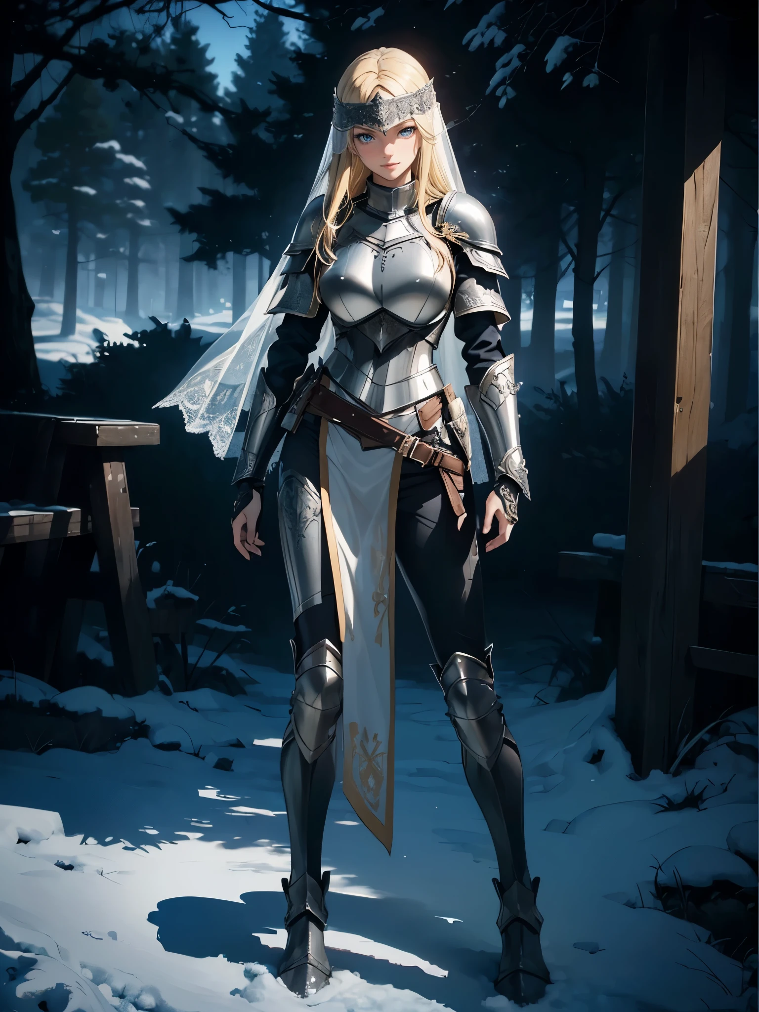((1girl, solo)), beautiful body, (perfect anatomy, perfect body, perfect hands, perfect legs), (five fingers:1.5), natural proportions, sexy body, large breasts, cowboy shot BREAK
((extremely detailed face)), (beautiful detailed eyes:1.6), (realistic pupils, realistic iris:1), expressive eyes, looking at viewer, (clear eyes:1.3), (hyperrealistic:1.2), (detailed skin texture:1.2), smooth skin, (blonde hair:1.5), blue eyes, long hair, (detailed lips:1.2), (attractive lips:1.1), (glossy lips:1.1), (grin), perfect face, perfect eyes BREAK
female knight, (veil:1.5), long sleeves, (armor:1.5), (breastplate:1.5), (shoulder armor:1.2), (arm guard:1.3), armor gloves, (black pants:1.5), skin tight, (((pelvic curtain))), (greaves:1.3), armored boots, belt BREAK
(outdoors:1.5), (day:1.3), (winter:1.3), trees, (shade of trees:1.2), (snow), mountain range, medieval BREAK
(masterpiece:1.5), anime-style, top quality, best quality, (beautiful and aesthetic:1.2), (ultra detail:1.5), Ultra-detailed depiction, Ultra-precise depiction, extremely detailed 8k illustration, high resolution, (highly detailed shading:1.2), (realistic lighting:1.4), perfect lighting, vibrant colors, dynamic tones, striking hues, 8k, absurd resolution, perfect shadows, hdr, UHD, ambient lighting, realistic, ultra-realistic, photo realistic, highly detailed, rich detail, luminous colors, fine texture, intricate design, professional illustration, (soft light:1.2), (illustration:0.7)