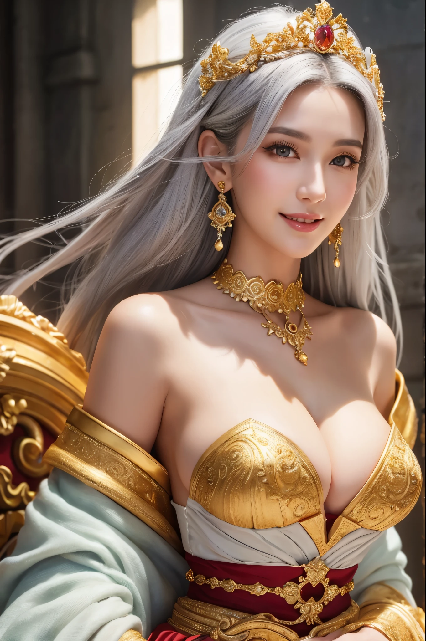8K,Empress goddess wearing a gorgeous white dress, Gray Hair,Mature goddess with very very large breasts,Super Beauty(Like the real thing)Ultra-realisticな肌,sexy goddess costume,Beautiful long white hair,Delicate and detailed golden decoration,Fan Art Best Art Station, ig model | art gelm, Beautiful Fantasy Empress, art gelm. Highly detailed ArtGerm, 2. 5d cgi anime fantasy artwork,Trending on cgstation, big earrings with red gems,とても優しいsmile,very large firm breasts,,A mature motherly goddess,Look at the viewers,Golden Eyes,Goddess of Beauty,Rich colors, Backlight, Cinema Lighting, Film Grain, 50mm lens, Nikon D850,smile,Ultra-realistic,Photorealistic RAW photos of the highest quality,Makeup,Dynamic sexy pose,Top-down view,