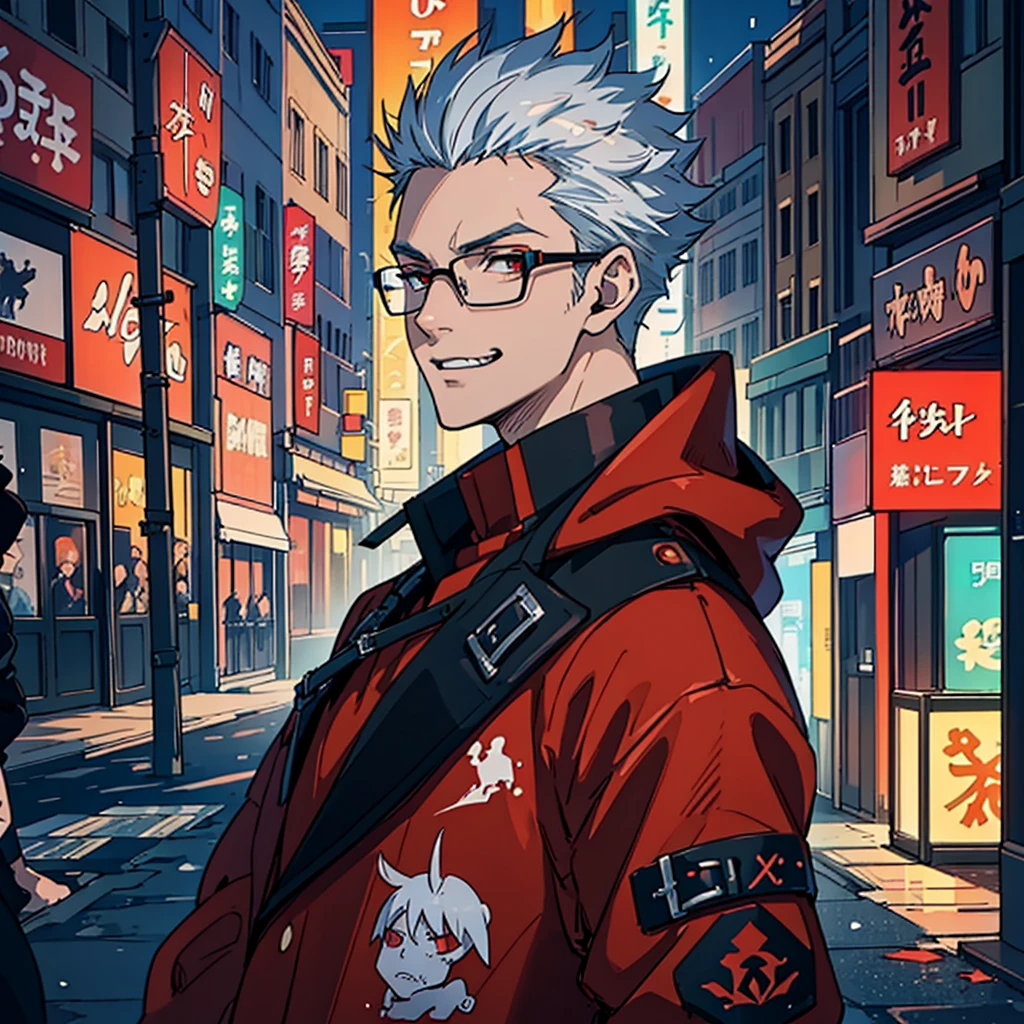 16K, High resolution, RTTX 10.0, Ray Tracing, Top quality masterpiece, Awards, Talked about at the art station, very beautiful, Perfect anatomy and highly detailed face, Glowing Eyes, Fine grain, Accurate drawing, Beautiful Hair, Detailed Background, Edgy, One person, Man in his late 20s, Well-groomed Mafia, Red hoodie and black pants, Warm, loose-fitting clothing, Rough youth fashion, Dystopian criminals, Yakuza with a scar on his face, Dark Signs, Malicious grin, A villain with a rugged face, Slightly muscular, dark brown skin, shaved, White or silver hair, thick black rimmed glasses, Provocative smile, Unscrupulous atmosphere, Outdoor, Backstreet Street Art, A rainy city illuminated by neon lights, A gangster with a scar on his nose, A violent criminal with a horizontal scar across his face, 180cm tall thug, Injured Villain, Drama advertisement, Movie flyer, Novel cover,