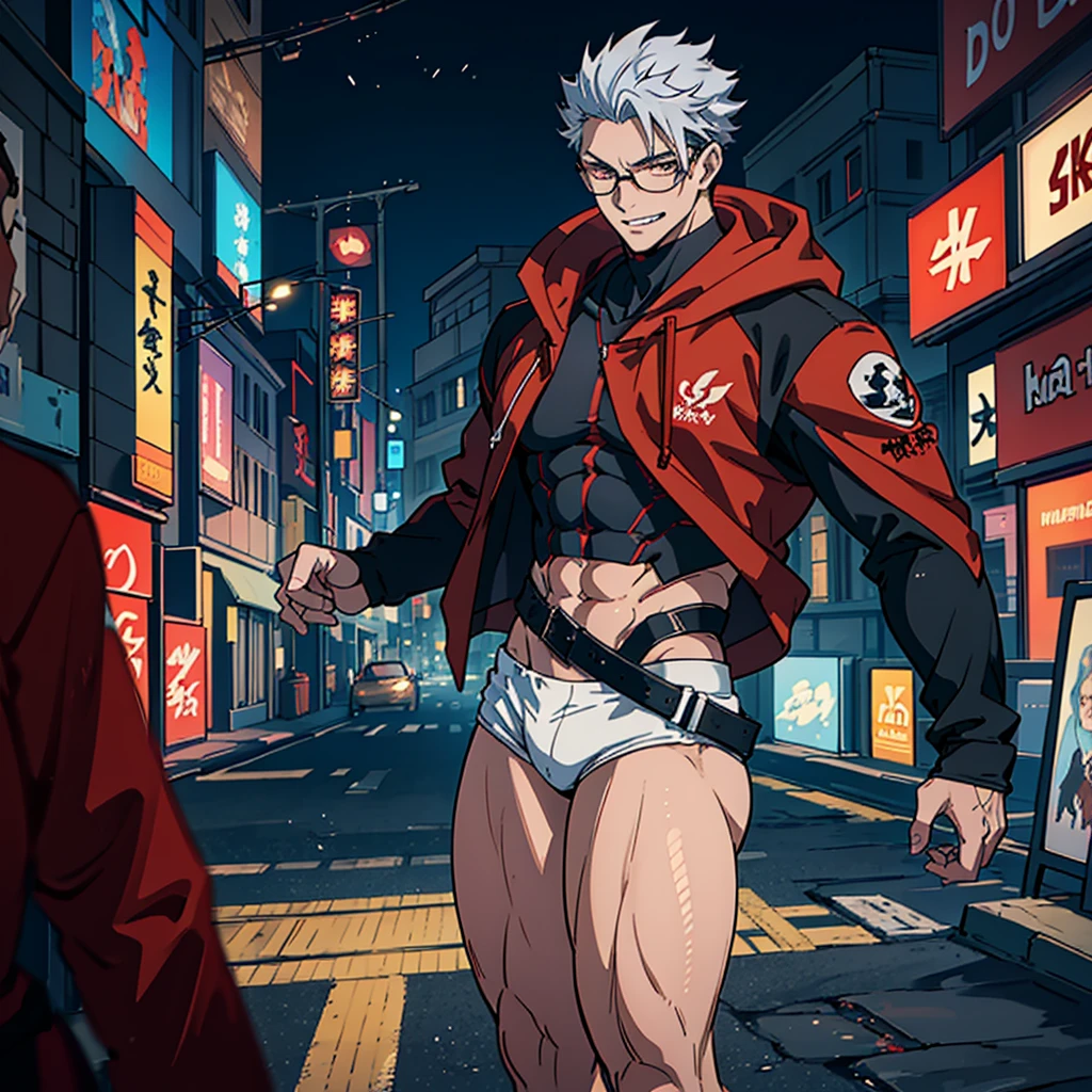 16K, High resolution, RTTX 10.0, Ray Tracing, Top quality masterpiece, Awards, Talked about at the art station, very beautiful, Perfect anatomy and highly detailed face, Glowing Eyes, Fine grain, Accurate drawing, Beautiful Hair, Detailed Background, Edgy, One person, Man in his late 20s, Well-groomed Mafia, Red hoodie and black pants, Warm, loose-fitting clothing, Rough youth fashion, Dystopian criminals, Yakuza with a scar on his face, Dark Signs, Malicious grin, A villain with a rugged face, Slightly muscular, dark brown skin, shaved, White or silver hair, thick black rimmed glasses, Provocative smile, Unscrupulous atmosphere, Outdoor, Backstreet Street Art, A rainy city illuminated by neon lights, A gangster with a scar on his nose, A violent criminal with a horizontal scar across his face, 180cm tall thug, Injured Villain, Drama advertisement, Movie flyer, Novel cover,