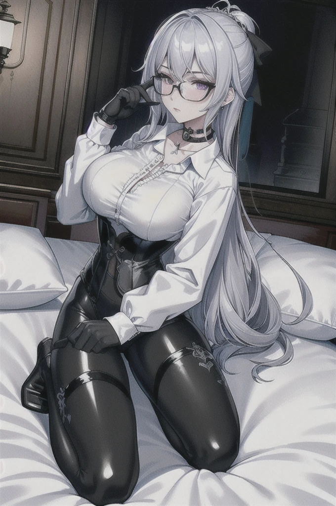 Masterpiece, Beautiful art, professional artist, 8k, art style by sciamano240, rostro de Bronya Zaychik, detailed body, Very detailed face, very detailed eyes, Detailed clothing, detailed fabric, Best Quality, better resolution,  1 girl, front view, kneeling on a bed, big breasts, serious expression,  at night , silver hair, glasses, choker:1.6, (long sleeve white collar buttoned shirt), (shiny black corset), black gloves covering your hands, (shiny black leggings), looking at the viewer, elegant room, at night