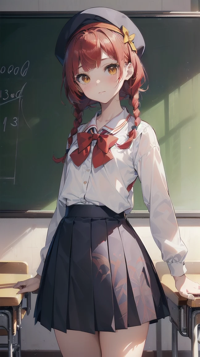 ((maximum quality, ultra detali, high resolution, extremely detailed CG, unity wallpaper 8k, by famous artist, Perfect Anatomia, super detailed skin, cinematic lighting, ultra HD, retina, anatomically correcte, 1080P)), (Por favor, draw a single happy girl walking in a classroom :1.3), ((1 girl)), (standing alone, face,13 years old:2.0), a high school student, ((beautiful little, chibi, baby face)) Androgynous charm, (medium hair, ((full red hair)) ((redheadwear)), braids, bangs straight, with a bow in the hair, ((very thin flegs)), ((skinny flegs, cos magro, small building)), Full members, complete fingers, ((Perfect fingers and hands)), flat-chested, breasts small, cos , small ass, crotch, Beautiful full and detailed yellow gold eyes, perfects eyes, Marin , ((blue skirt)) and white blouse, ((red bow on blouse)), blue Marin collar, manga curta, without stockings, (detailed lighting), ((classroom background)), (Detailed context of the scenario), ((in the school zone)), visão de cos inteiro, ((standing)), flegs. cute, kawaii single girl (A girl), tiro de cos inteiro. ((The background is the school)), cos frontal, ((Left Hand Up, right hand down)), ((cos de jovem de 13 anos:1.3)), ((perfect hands and fingers:1.0)) having sex