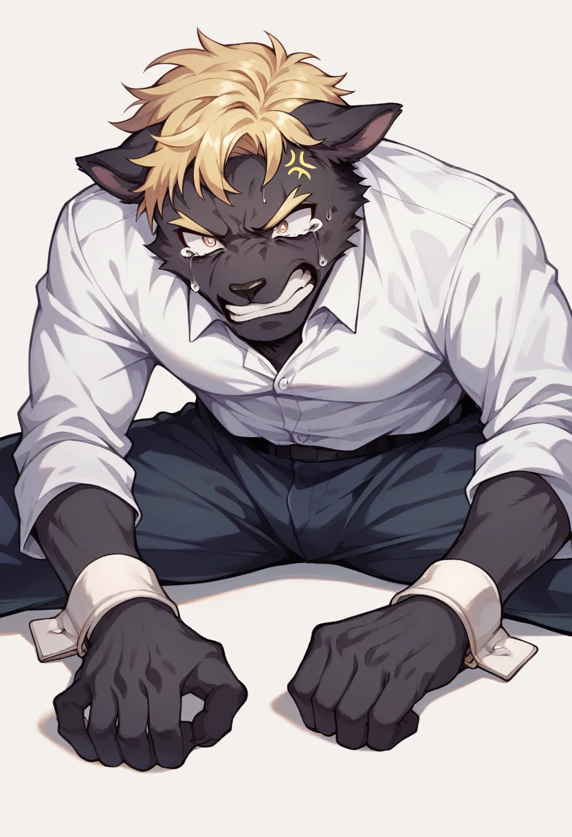 1 man, elegant, White shirt, black fur, blonde pupils, Sitting on the ground, clenched teeth, cuffs, half: 1.2, anger: 1.2, tears, surrealism