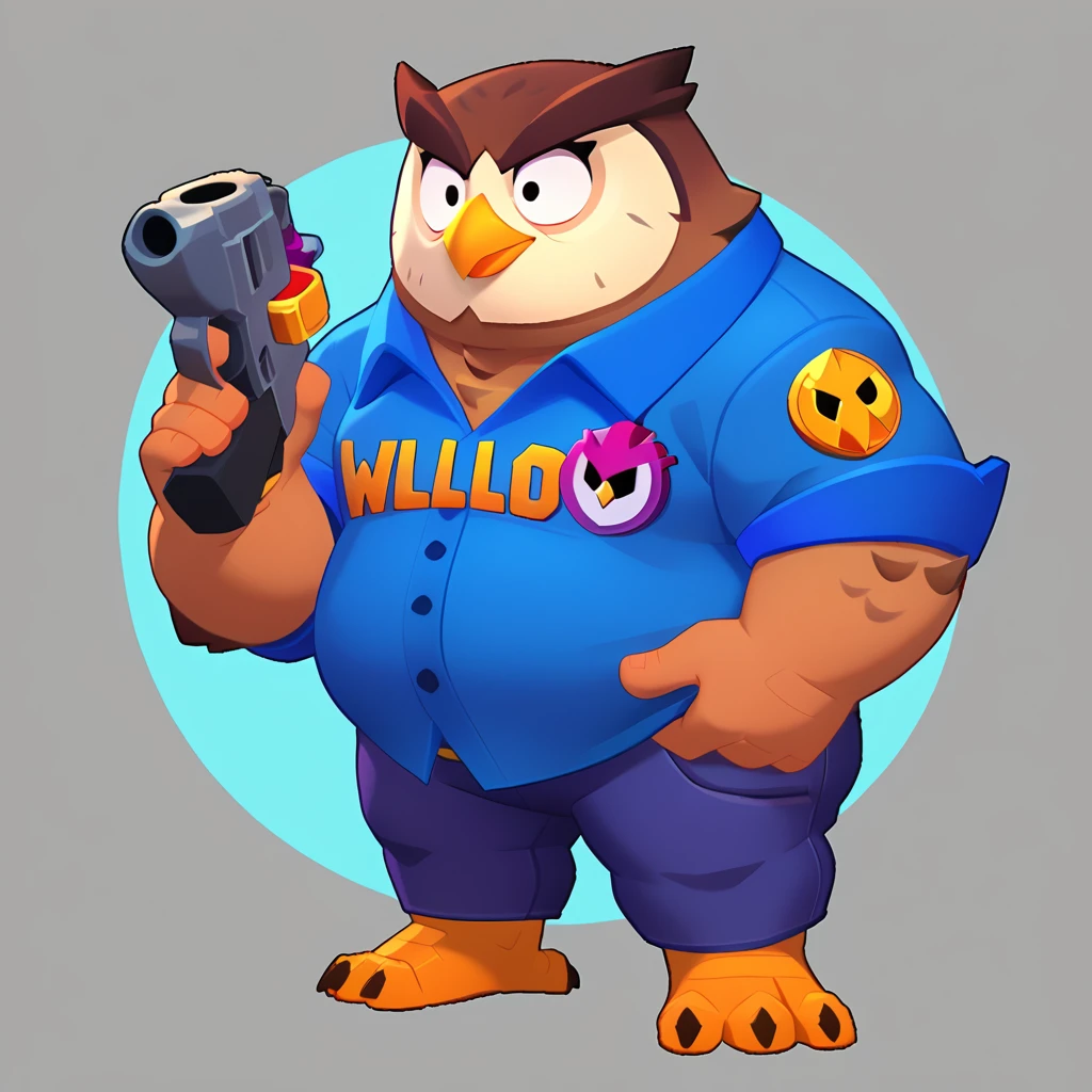 full body view of an obese anthropomorphic brown owl, bulging eyes, oval yellow beak, wearing a blue polo shirt, owl logo on her polo shirt, purple jeans with an orange rim on the side, gold binding, having a gun in hand, brawl, brawl stars