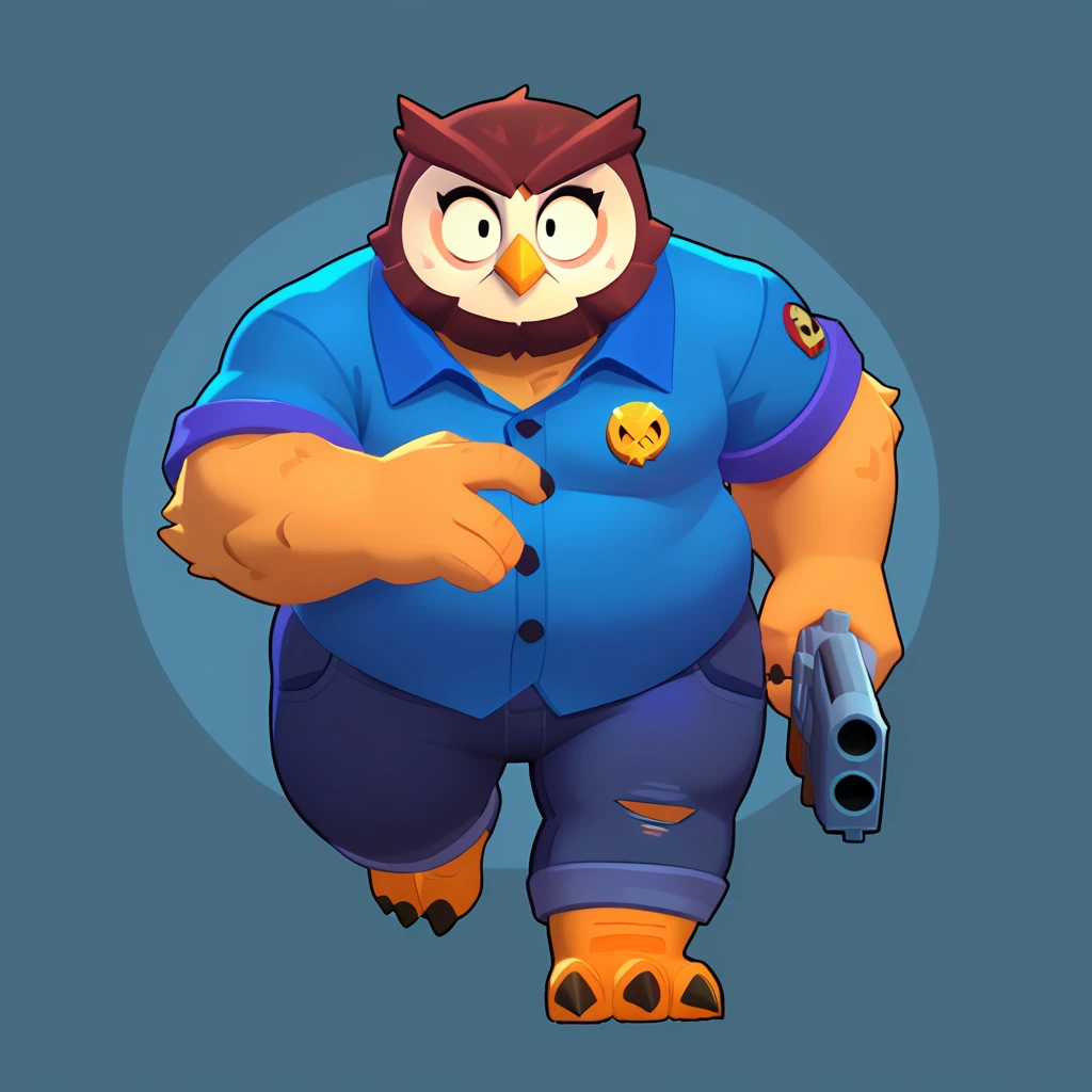 full body view of an obese anthropomorphic brown owl, bulging eyes, oval yellow beak, wearing a blue polo shirt, owl logo on her polo shirt, purple jeans with an orange rim on the side, gold binding, having a gun in hand, brawl, brawl stars