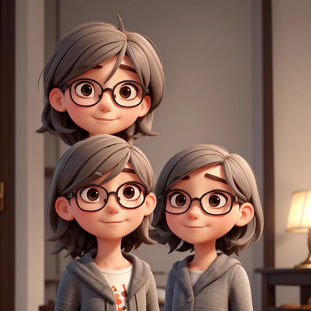 Short woman with shoulder-length hair and a mixture of gray, round but thin face, black round mid-face glasses, chin a little out