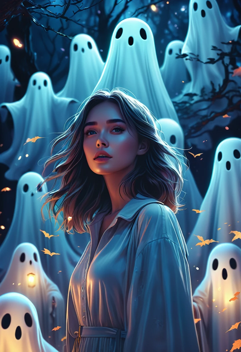 aesthetic, 🌀🍁 beautiful girl surrounded by ghosts, night, digital illustration, mystical glow, hyper-detailed, high definition, professional photo, high resolution, depth of field