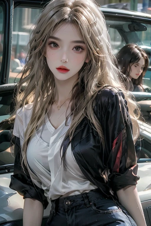 , photorealistic, high resolution, 1women, หน้าอกใหญ่, hips up, solo, (detailed face), blonde hair, long hair, Taoist robe, oversized clothes, jewelry, midjourney portrait