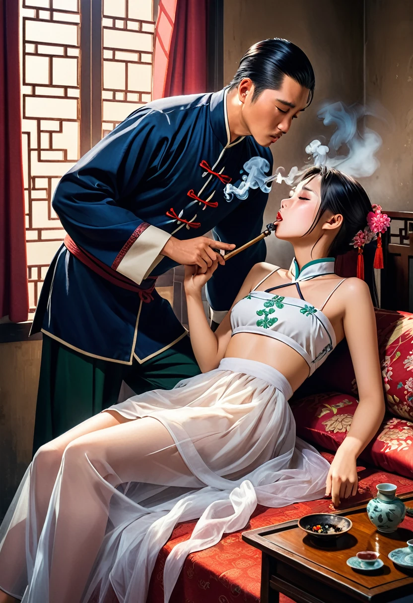 A man is making a Chinese young woman in a Chinese dress smoke drug with an opium pipe. The man holds the opium pipe in his hand, He makes the opium pipe put on her mouth to force her to smoke the drug. The young woman is really high, completely drugged up. (The young woman is really high, completely drugged) ((The young woman is really high, completely drugged up)) The young girl is addicted to drugs and she cannot stop smoking the drug. She can’t walk, stand or settle due to the drug effect,, and she leaned against the man. The skin is translucent white and Her breasts are about a C cup. The man is about to rape her. The room is full of smoke