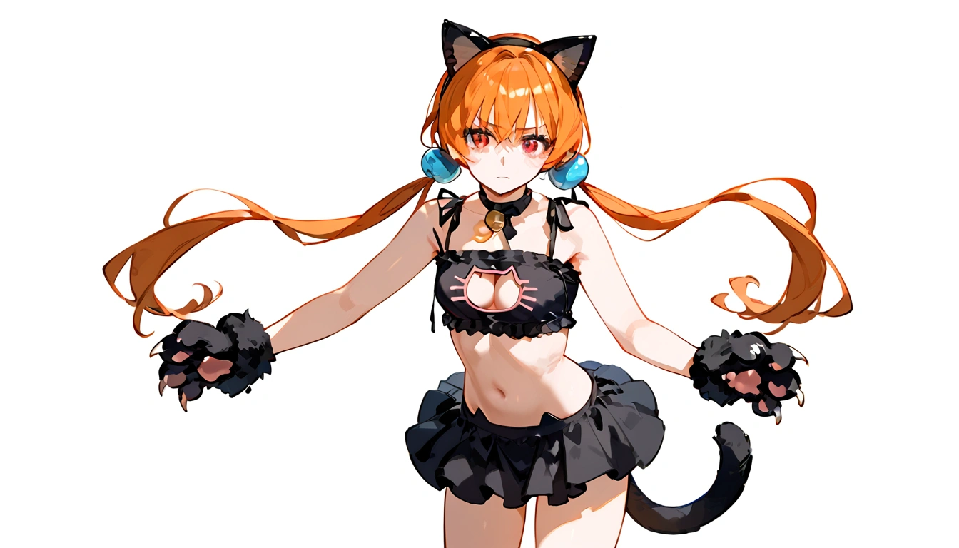 anime artwork, score_9, score_8_up, score_7_up, score_6_up, score_5_up, score_4_up,alisasr, 1girl, orange hair, red eyes, fake black cat ears, hairband, long hair, very long hair, twintails, hair ornament, hair bobbles, low twintails,, \\\\\\ \\\\\ , cat lingerie, paws gloves, cat tail, the pose, , claws, rape face