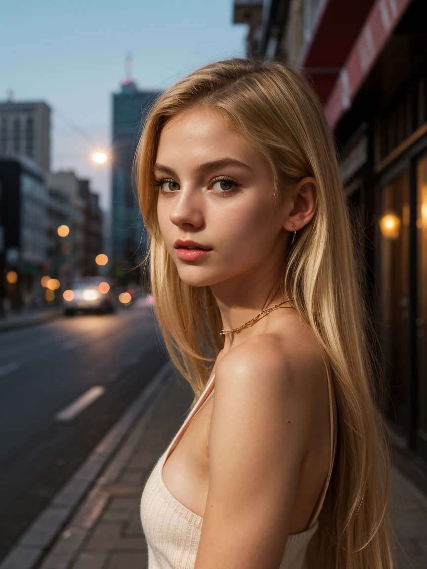 21 years 1 girl, Alone, long blonde hair, slender girl, british girl, medium breasts, looking at the viewer, fitness model, full body photo posing , by rubio, deep neckline, bare shoulders, Brown eyes, jewelry, whole body, collar, Mosca shoulder, Sweaters, Painted lips, realist, nose, Flirting with the camera on the bright city background, night photo, From your side, well lit pink and small, .