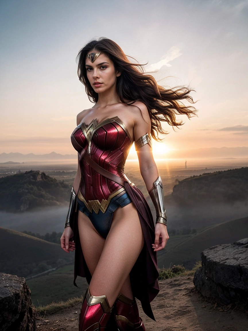 Create an image of a sexy and tall dark brunette with slightly wavy hair, standing at 175cm tall. The woman should be dressed as Wonder Woman, showcasing her hot armor and amazing physique with an hourglass silhouette. The woman should be in a flying hero position, adding to the dynamic and alluring nature of the image. The background should be a destruction scene, adding to the dynamic and alluring nature of the image. The overall look and feel of the image should be that of a cinematic and dynamic scene, with a focus on creating a dynamic and alluring image that showcases the woman's sex appeal as a superhero, viki odintcova