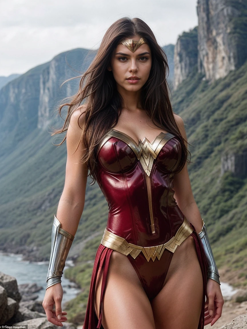 Create an image of a sexy and tall dark brunette with slightly wavy hair, standing at 175cm tall. The woman should be dressed as Wonder Woman, showcasing her hot armor and amazing physique with an hourglass silhouette. The woman should be in a flying hero position, adding to the dynamic and alluring nature of the image. The background should be a destruction scene, adding to the dynamic and alluring nature of the image. The overall look and feel of the image should be that of a cinematic and dynamic scene, with a focus on creating a dynamic and alluring image that showcases the woman's sex appeal as a superhero, viki odintcova
