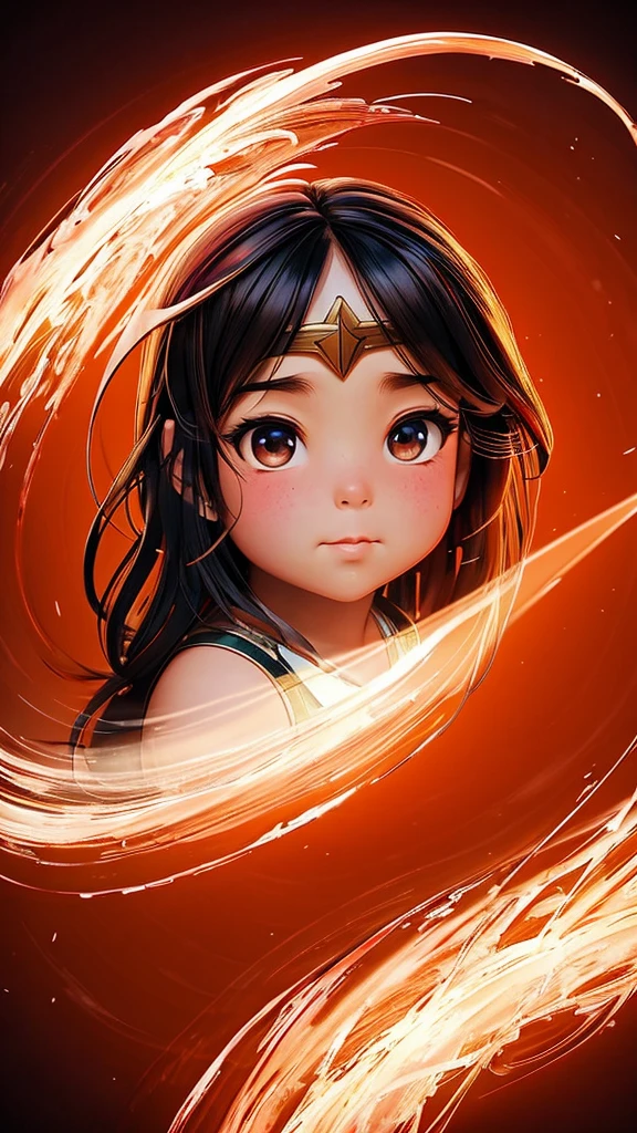 A time capsule: A tender ink wash painting of a chubby-cheeked baby Wonder Woman dominates the center, futuristic Gotham City in the background surrounded by delicate brushstrokes of modern Asian artistry. Whispers of cherry blossom petals and wispy clouds dance across the borders, as if carried on the gentle breeze of a spring morning. The capsule's parchment glows with an otherworldly luminescence, set against a rich, burnt-orange background that seems to pulse with the warmth of a crackling fire. Vibrant colors burst forth from the edges, like the first blush of dawn on a summer solstice - chromatic aberration adds a mesmerizing depth, as if we could reach out and touch the tender strokes. The overall effect is a cinematic masterpiece, a UHD-worthy still-life that defies the boundaries of time and space.
