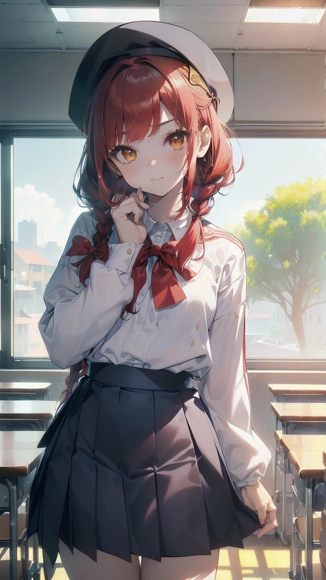 ((maximum quality, ultra detali, high resolution, extremely detailed CG, unity wallpaper 8k, by famous artist, Perfect Anatomia, super detailed skin, cinematic lighting, ultra HD, retina, anatomically correcte, 1080P)), (Por favor, draw a single happy girl walking in a classroom :1.3), ((1 girl)), (standing alone, face,18 years old:2.0), a high school student, ((beautiful little, chibi, baby face)) Androgynous charm, (medium hair, ((full red hair)) ((redheadwear)), braids, bangs straight, with a bow in the hair, ((very thin flegs)), ((skinny flegs, cos magro, small building)), Full members, complete fingers, ((Perfect fingers and hands)), flat-chested, breasts small, cos , small ass, ??????, Beautiful full and detailed yellow gold eyes, perfects eyes, Marin , ((blue skirt)) and white blouse, ((red bow on blouse)), blue Marin collar, manga curta, without stockings, (detailed lighting), ((classroom background)), (Detailed context of the scenario), ((in the school zone)), visão de cos inteiro, ((standing)), flegs. cute, kawaii single girl (A girl), tiro de cos inteiro. ((The background is the school)), cos frontal, ((Left Hand Up, right hand down)), ((cos de jovem de 13 anos:1.3)), ((perfect hands and fingers:1.0)) having ???