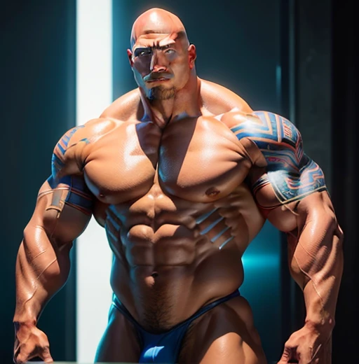 "Dwayne Johnson as Zhasam, He is naked and strikes a charismatic pose under the reflected red and blue lights..................................in his muscles Captured with maximum realism Dwayne Juhnson and his penis is big,He is naked"