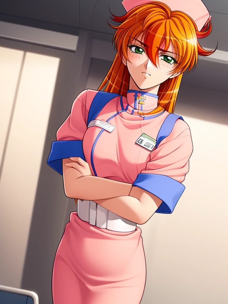 NogiwaMiho, 1girl, solo, nurse, green eyes, crossed arms, hat, orange hair, long hair, name tag, nurse cap, hospital_in_the_room,
masterpiece, high quality, very_high_resolution, large_filesize, full color,