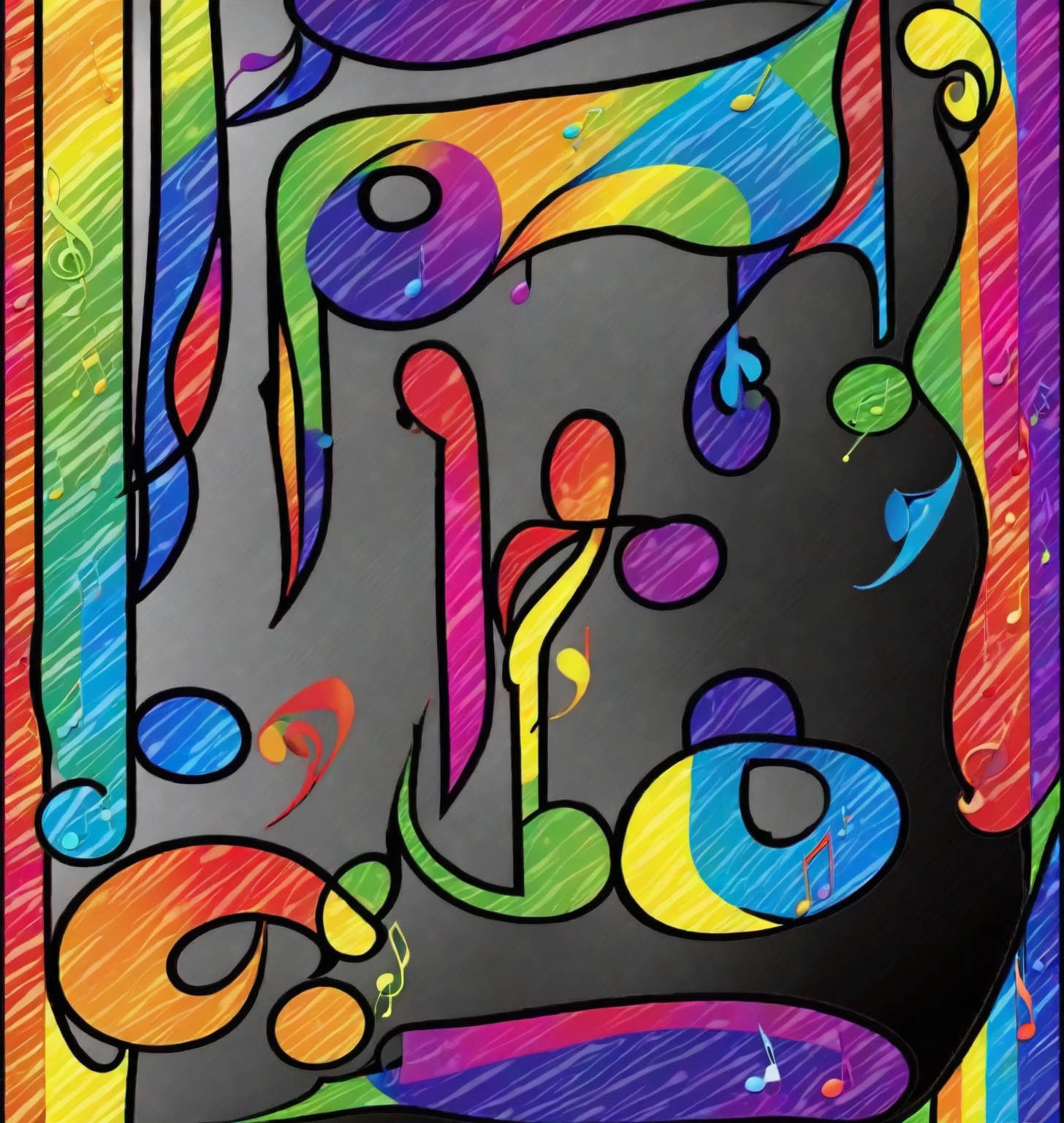 Black background, rainbow colored musical notes