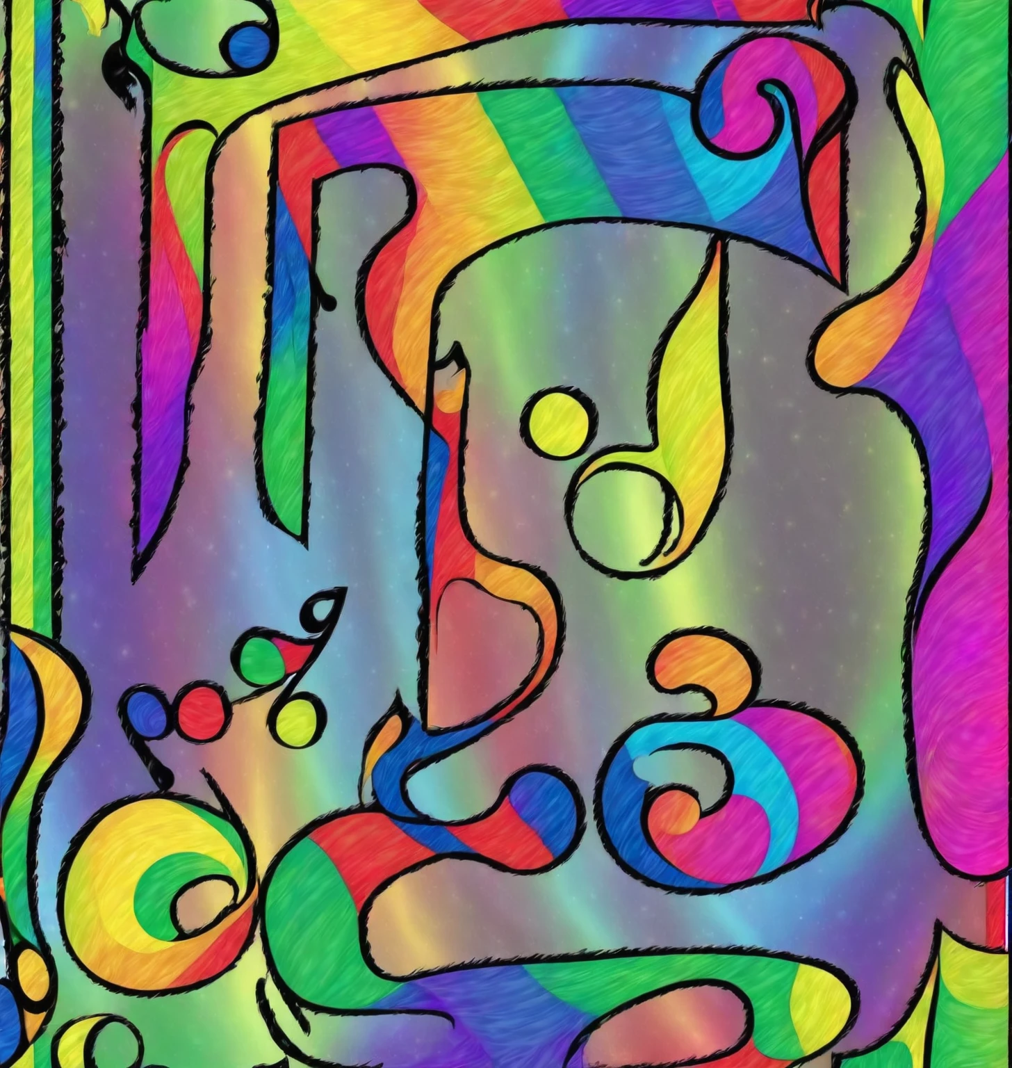 Black background, rainbow colored musical notes