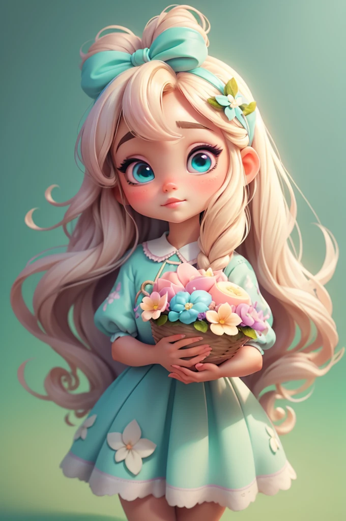 imagem de alta qualidade de uma boneca chibi Ariana Grande: boneca chibi ,illustration,detalhes delicados,Pose encantadora,lovely expression,cores suaves,roupa bonita,cabelos intrincados,beautiful eyes and lips,melhor qualidade,ultra-detalhado,fotorrealista,vivid colors, solid background, profesional lighting, girly accessories, espressiva, headband flowers, blue eyes, ombre hair, long hair, basket of flowers in hands, lovely pose, black eyes, wearing a fairy outfit pastel colors glitter, mint green, pink, and soft purple, exuberant, perfect, centered in the photo with a white background, nitid, fairy vibes, standing, pink flat shoes, vibrant, white background, blonde hair, blonde hair, hair blonde
