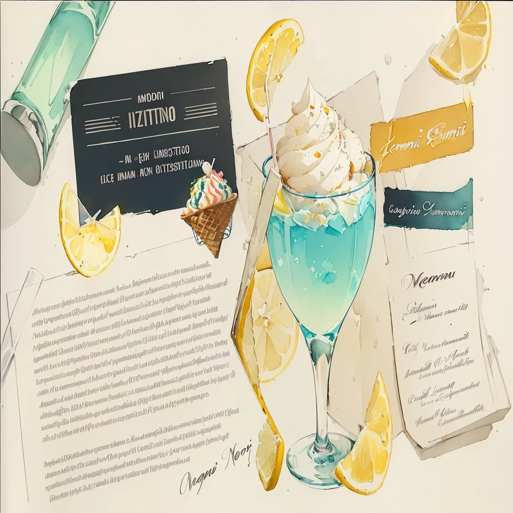 there is a drawing of a drink with ice cream and lemon slices, inspired by Carlo Martini, inspired by Ndoc Martini, watercolor illustration style, official artwork, inspired by Gregorio Prestopino, mixed media style illustration, amazing food illustration, magazine illustration, inspired by Hristofor Zhefarovich, magazine illustrations, hq artwork, stylized digital illustration