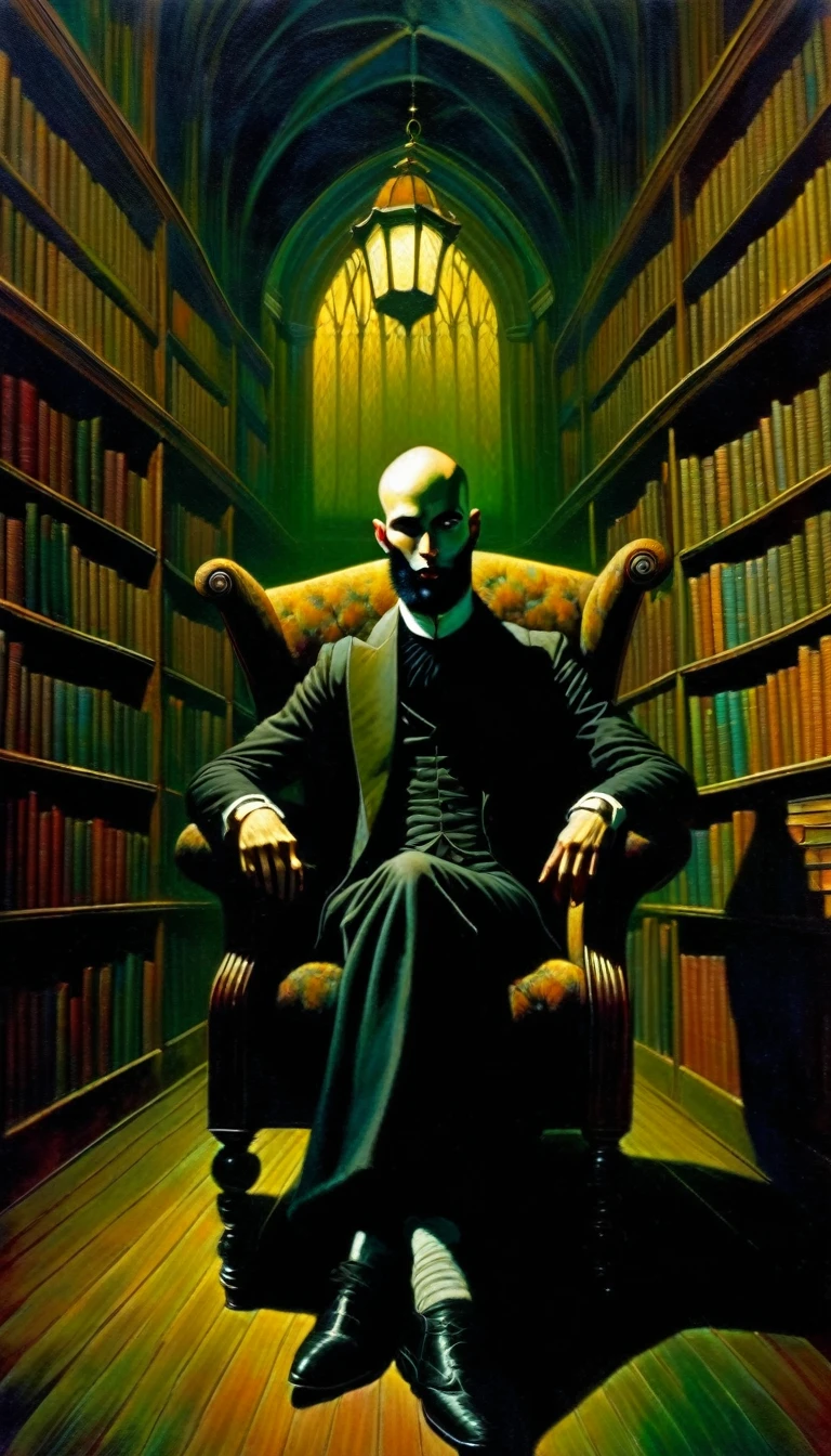 young man, bald with a black beard, very thin, sitting in an armchair in a large library where the books have life, surrealism, vampires, dark tones, horror tones, Dave mckean art inspired
