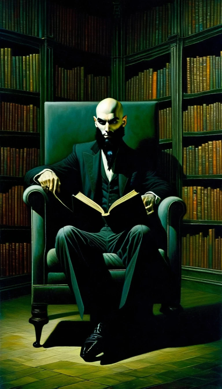 young man, bald with a black beard, very thin, sitting in an armchair in a large library where the books have life, surrealism, vampires, dark tones, horror tones, Dave mckean art inspired
