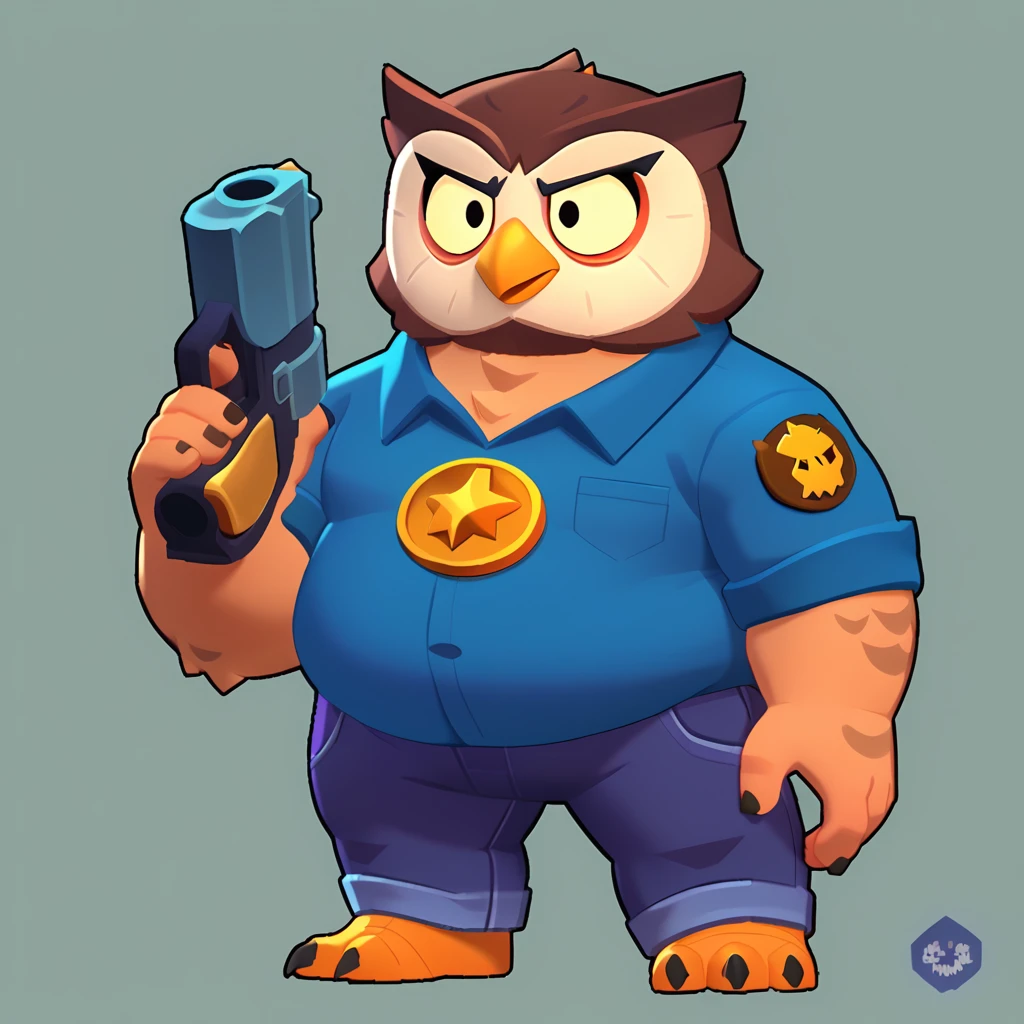full body view of an obese anthropomorphic brown owl, bulging eyes, oval yellow beak, wearing a blue polo shirt, owl logo on her polo shirt, purple jeans with an orange rim on the side, gold binding, having a gun in hand, brawl, brawl stars