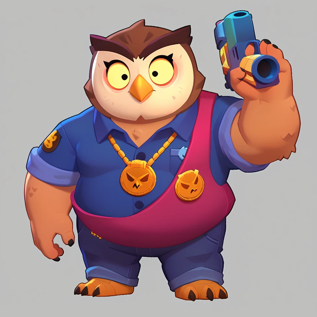 full body view of an obese anthropomorphic brown owl, bulging eyes, oval yellow beak, wearing a blue polo shirt, owl logo on her polo shirt, purple jeans with an orange rim on the side, gold binding, having a gun in hand, brawl, brawl stars